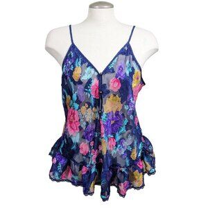 Vintage Womens Medium Sheer Floral Camisole Top Buttons Colorful Ruffle Romantic